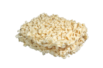 One stack of two fat and flat Instant ramen noodles, isolated on transparent background, png file, 45 degree side top view commercial stock photo.