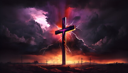 Obraz premium Cross in landscape, cross, church, religion, Christian, Christianity, Easter, sunset, sunrise, Generative AI, Religious art, Christian art, Landscape, Heavenly scene, Spiritual journey, Faith, Belief,