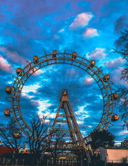 Famous Ferris Wheel of Vienna Prater park called Wurstelprater at night, Vienna,