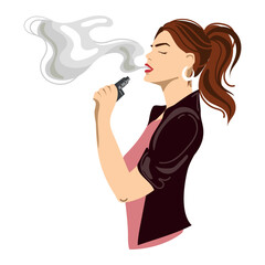 Young sexy woman smoking,vaping e-cigarette Vector illustration isolated on white background.Modern girl smoking vape and puffs steam from her mouth.Trendy new vaping device