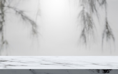 Empty marble stone floor shelf with shadow leaves wall background well display product and text present on free space