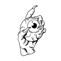 Hand drawn illustration of a devil hand holding an eyeball outline