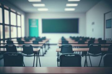 Empty defocused university classroom. generative ai. Business conference room. Blurred school classroom without students with empty chairs and tables, generative AI