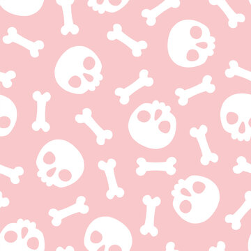 Pink seamless pattern with white skull and bones