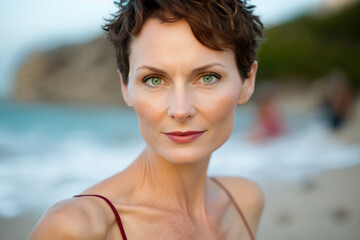 Brunette woman with pixie haircut on the beach. Generative AI.