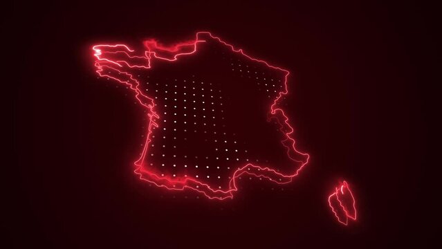 3D Neon Red France Map Borders Outline Loop Background. Neon Red Colored France Map Borders Outline Seamless Loop Dark Background. France Neon Map Borders Outline.