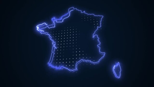 3D Moving Neon Blue France Map Borders Outline Loop Background. Neon Blue Colored France Map Borders Outline Seamless Loop Dark Background. France Neon Map Borders Outline.