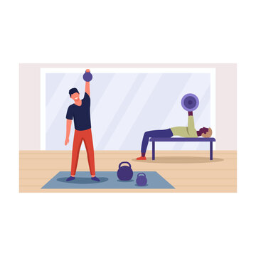 People lifting weights in gym color 2d vector graphic. Smiling man lifts kettlebell, black person in background does bench press. Sport and healthy lifestyle flat art, cartoon illustration