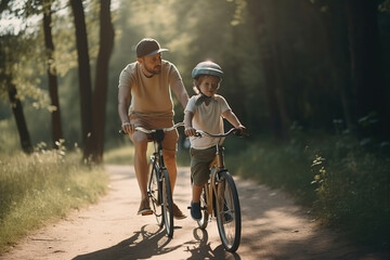 Obraz premium Young father with his little boy riding his bike in the park. Generative AI illustration.