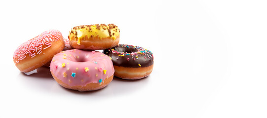 assortment of flavored and colored donuts isolated with copy space, generative ai