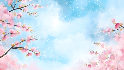 Spring background with the image of blue sky and cherry blossoms Watercolor illustration Generative AI