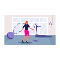 Girl in gym jumping rope. Young red haired smiling woman training, sports equipment, treadmill and dumbbells around her. Fitness exercise. Color vector graphic, flat art, cartoon illustration