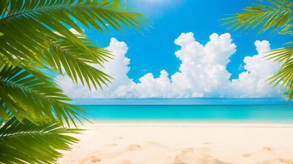 Palm leaves with beach and sky. Ideal as banner / header or wallpaper. Space for text. Copy Space, Blank Text