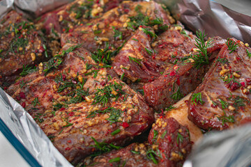 Beef meat marinated with dill, lamb meat in marinade