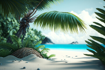 tropical beach with blue water and palm trees,  summer landscape illustration Generative AI