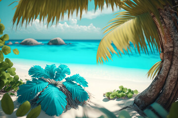 tropical beach with blue water and palm trees,  summer landscape illustration Generative AI