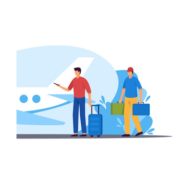 Two men with baggage in airport color 2d vector graphic. People with suitcases on background of blue plane. Tourism and air transport flat art, cartoon illustration