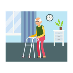 Cartoon character of senior man with walking stick. Suffering from osteoporosis on retirement. Feeling back pain. Unhealthy old people with disability at home. Vector