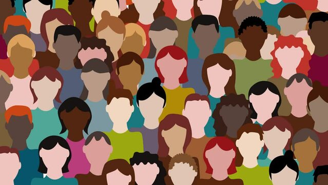 Diversity. Multiracial crowd. Workers group, community in parade or in protest. Flat style. Animated illustration. Anonymous people