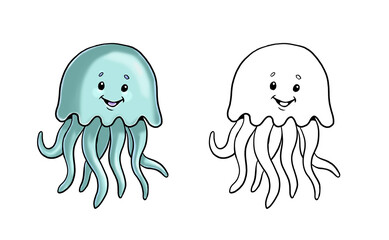 Cute and funny jellyfish for coloring. Template for a coloring book with funny animals. Colouring page for kids. © Lunstream
