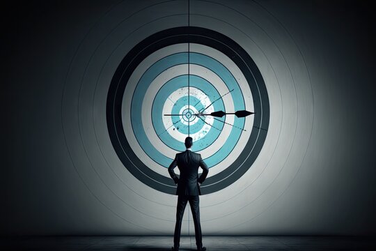 businessperson, aiming at bullseye target with bow and arrow, created with generative ai
