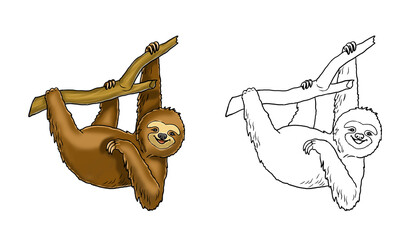 Cute and funny sloth for coloring. Template for a coloring book with funny animals. Colouring page for kids.  © Lunstream