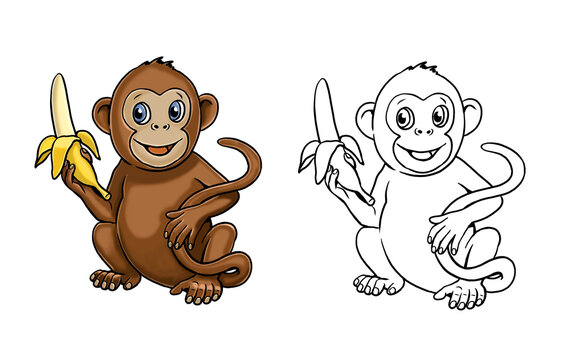 Cute monkey with banana to color in. Template for a coloring book with funny animals. Coloring page for kids.