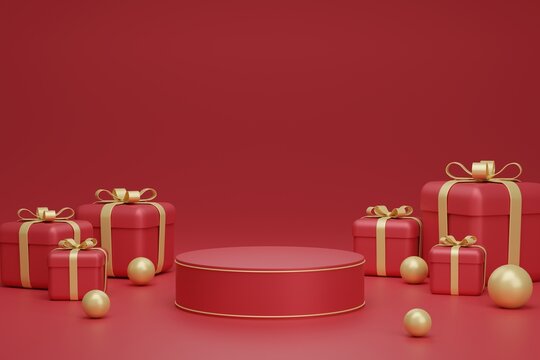 3d render of luxury red circular podium product display and gift box on red background