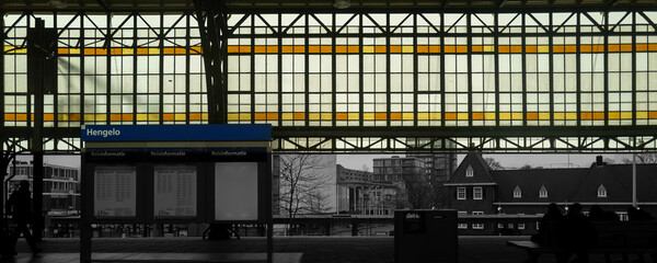 Abstract geometrical topography of the stained glass walls at the Hengelo Train Station in the...