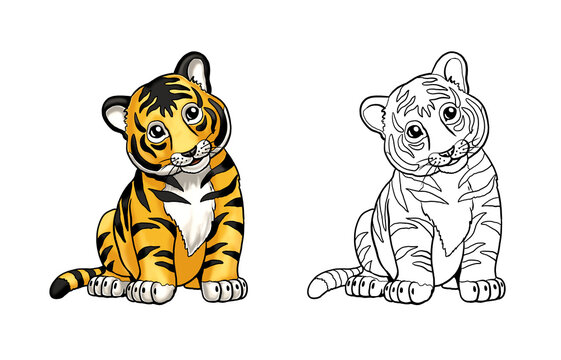 Cute tiger to color in. Template for a coloring book with funny animals. Coloring page for kids.