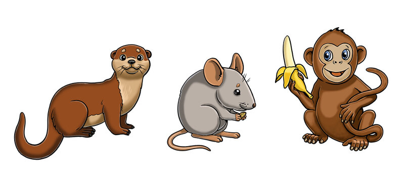 Cute otter, mouse and monkey illustration. Isolated template with funny and happy animals. Coloring page for kids.
