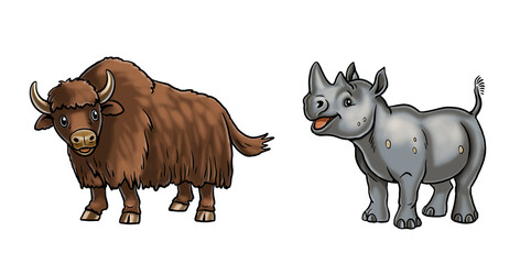 Cute rhinoceros and yak illustration. Isolated template with funny and happy animals. Coloring page for kids.
