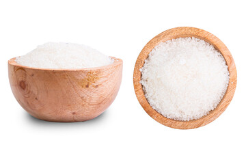 Granulated sugar in a wooden bowl  on white background	
