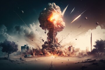 Missile attack on the city, explosion and destruction. Beautiful illustration picture. Generative AI