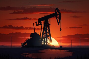 Pumping oil machine at sunset time. Beautiful illustration picture. Generative AI