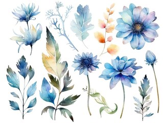 Watercolour floral of set. Watercolor Flower leaves collection - for bouquets, wreaths, wedding invitations, anniversary, birthday, postcards, greetings. generative ai