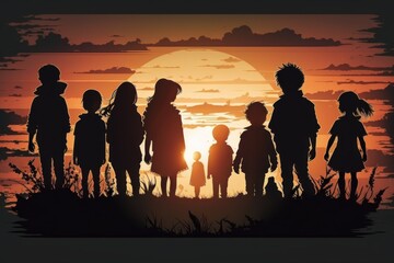 Silhouettes of children that looking at sunset. Beautiful illustration picture. Generative AI