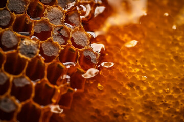 Honey close-up. Amber sweet honey in honeycomb. Transparent honey flows down the honeycomb. generative ai