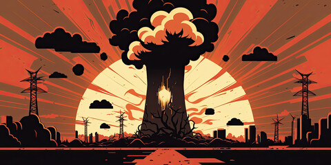 A powerful and ominous depiction of a nuclear disaster with a mushroom cloud rising in the distance - Generative AI