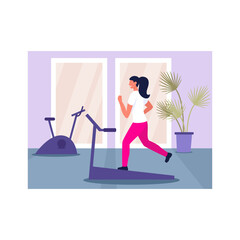 Cartoon character of athletic woman using treadmill. Modern sports equipment to loss weight. Time for cardio exercises. Efficient weight loss. Healthy lifestyle and physical activity level. Vector