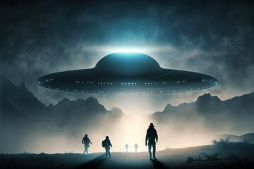 UFO of the aliens. People are standing. Beautiful colorful 3d picture. Generative AI