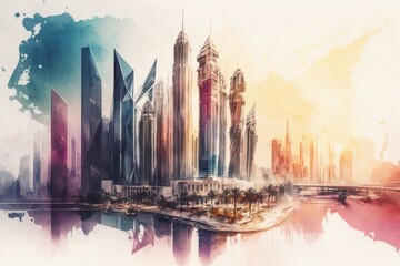Many skyscrapers. Watercolor art of modern city. Generative AI