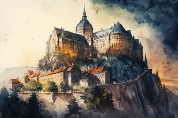 Fototapeta premium Watercolor art of medieval city, a castle on the mountain. Generative AI