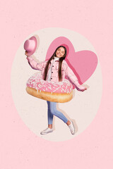 Composite photo advertisement collage of new cafeteria bakery sweet dessert doughnut glaze girl wear funny hat isolated on pink color background