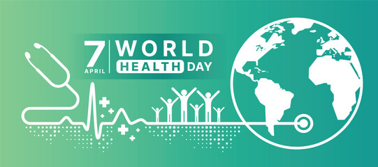 World Health Day - White stethoscope are Heart rhythm wave line to circle world with human and cross sign around on gradient green background vector design