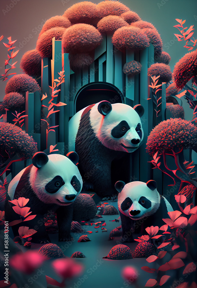 Poster beautiful geometric pandas concept, abstract background. generative ai technology.