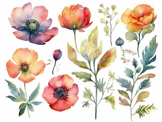 Watercolour floral of set. Watercolor Flower leaves collection - for bouquets, wreaths, wedding invitations, anniversary, birthday, postcards, greetings. generative ai