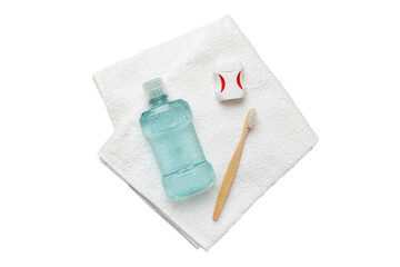 Mouthwash and other oral hygiene products isolated on white background top view with copy space. Flat lay. Dental hygiene. Oral care products and space for text on light background. concept