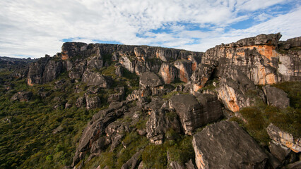 Rugged sandstone rocks on the plateau of Auyan tepui, a famous table mountain in Venezuela