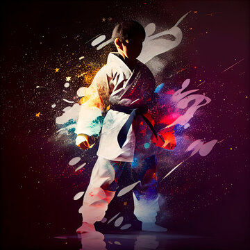 Silhouette of a karateka on a colorful abstract background